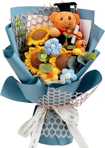 Hlenbin Graduation Gifts Crochet Flowers Bouquet, Handmade Sunflower Rose Bear Graduations Flower Bouquet for Birthday, Teacher Appreciation Gifts, Christmas, Home Décor (Include Card) Blue in Saudi Arabia