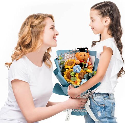 Hlenbin Graduation Gifts Crochet Flowers Bouquet, Handmade Sunflower Rose Bear Graduations Flower Bouquet for Birthday, Teacher Appreciation Gifts, Christmas, Home Décor (Include Card) Blue in Saudi Arabia