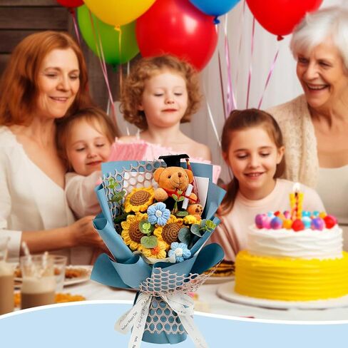 Hlenbin Graduation Gifts Crochet Flowers Bouquet, Handmade Sunflower Rose Bear Graduations Flower Bouquet for Birthday, Teacher Appreciation Gifts, Christmas, Home Décor (Include Card) Blue in Saudi Arabia