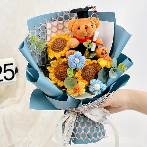 Hlenbin Graduation Gifts Crochet Flowers Bouquet, Handmade Sunflower Rose Bear Graduations Flower Bouquet for Birthday, Teacher Appreciation Gifts, Christmas, Home Décor (Include Card) Blue in Saudi Arabia