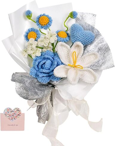 Hlenbin Graduation Gifts Crochet Flowers Bouquet, Handmade Sunflower Rose Bear Graduations Flower Bouquet for Birthday, Teacher Appreciation Gifts, Christmas, Home Décor (Include Card) Blue in Saudi Arabia