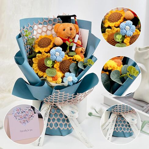 Hlenbin Graduation Gifts Crochet Flowers Bouquet, Handmade Sunflower Rose Bear Graduations Flower Bouquet for Birthday, Teacher Appreciation Gifts, Christmas, Home Décor (Include Card) Blue in Saudi Arabia