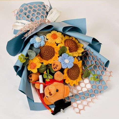 Hlenbin Graduation Gifts Crochet Flowers Bouquet, Handmade Sunflower Rose Bear Graduations Flower Bouquet for Birthday, Teacher Appreciation Gifts, Christmas, Home Décor (Include Card) Blue in Saudi Arabia