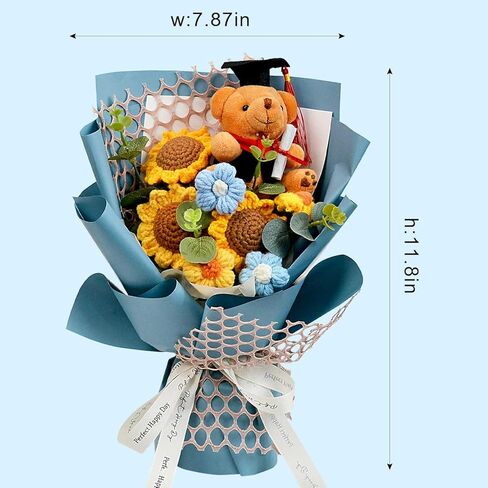 Hlenbin Graduation Gifts Crochet Flowers Bouquet, Handmade Sunflower Rose Bear Graduations Flower Bouquet for Birthday, Teacher Appreciation Gifts, Christmas, Home Décor (Include Card) Blue in Saudi Arabia