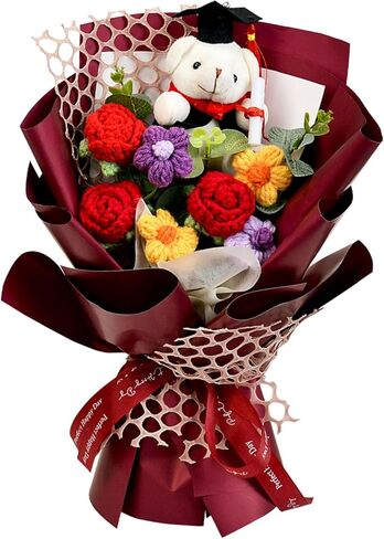 Hlenbin Graduation Gifts Crochet Flowers Bouquet, Handmade Sunflower Rose Bear Graduations Flower Bouquet for Birthday, Teacher Appreciation Gifts, Christmas, Home Décor (Include Card) Blue in Saudi Arabia