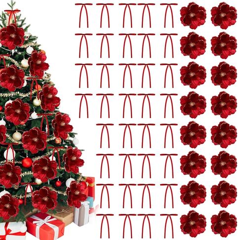 Solsew 52 Pcs Large Christmas Magnolia Flowers and Velvet Bows for Christmas Tree Ornaments 10 Inch Artificial Glitter Poinsettia Floral Picks Stems for Xmas Tree Wreath Fireplace Garland(Red) in Saudi Arabia