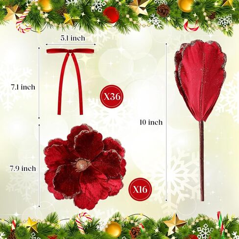 Solsew 52 Pcs Large Christmas Magnolia Flowers and Velvet Bows for Christmas Tree Ornaments 10 Inch Artificial Glitter Poinsettia Floral Picks Stems for Xmas Tree Wreath Fireplace Garland(Red) in Saudi Arabia