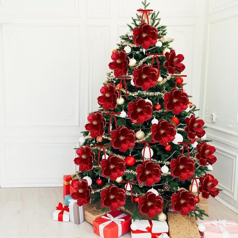 Solsew 52 Pcs Large Christmas Magnolia Flowers and Velvet Bows for Christmas Tree Ornaments 10 Inch Artificial Glitter Poinsettia Floral Picks Stems for Xmas Tree Wreath Fireplace Garland(Red) in Saudi Arabia