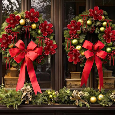 Solsew 52 Pcs Large Christmas Magnolia Flowers and Velvet Bows for Christmas Tree Ornaments 10 Inch Artificial Glitter Poinsettia Floral Picks Stems for Xmas Tree Wreath Fireplace Garland(Red) in Saudi Arabia