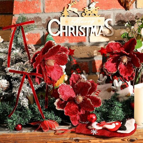 Solsew 52 Pcs Large Christmas Magnolia Flowers and Velvet Bows for Christmas Tree Ornaments 10 Inch Artificial Glitter Poinsettia Floral Picks Stems for Xmas Tree Wreath Fireplace Garland(Red) in Saudi Arabia