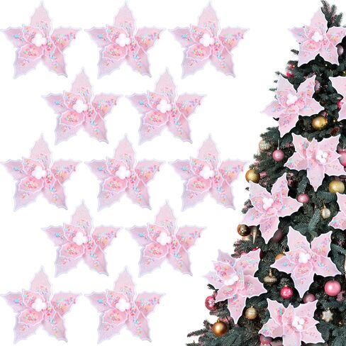 Luinabio 12 Pcs Candy Christmas Tree Poinsettia Flowers Artificial Christmas Tree Filler Decoration Pink with 12 Clips and Stems for Wreath Garland Holiday Wedding New Year Party Decor DIY Xmas 6 Inch in Saudi Arabia