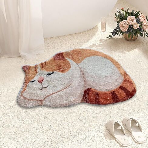 Funny Cute Cat Rug Sleep Cats Shaped Bath Mat Non-Slip Bathroom Rugs Doormat Outdoor Mat with Front Door Mat Soft Plush Floor Mats(Small, Orange Cat) in Saudi Arabia