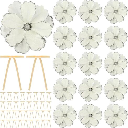 Solsew 52 Pcs Large Christmas Magnolia Flowers and Velvet Bows for Christmas Tree Ornaments 10 Inch Artificial Glitter Poinsettia Floral Picks Stems for Xmas Tree Wreath Fireplace Garland(Red) in Saudi Arabia