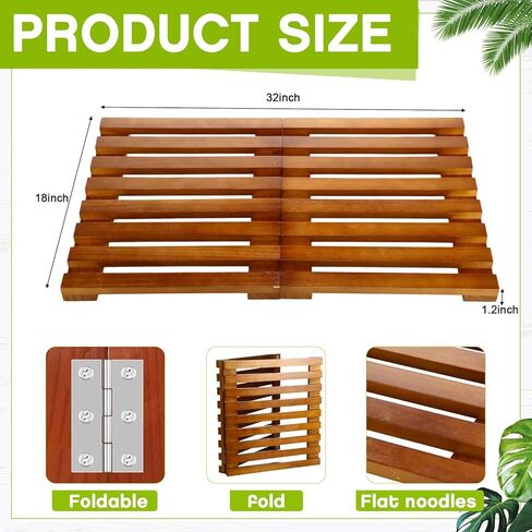 Geelin Wood Bath Mat 32" x 18" Foldable Shower Mat Bathroom Non Slip Waterproof Wooden Shower Rug Bathroom Carpet for Spa Home Bathtub Floor Indoor Outdoor Doorway Patio Sauna Yard Pool, Natural in Saudi Arabia