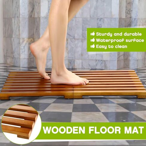 Geelin Wood Bath Mat 32" x 18" Foldable Shower Mat Bathroom Non Slip Waterproof Wooden Shower Rug Bathroom Carpet for Spa Home Bathtub Floor Indoor Outdoor Doorway Patio Sauna Yard Pool, Natural in Saudi Arabia