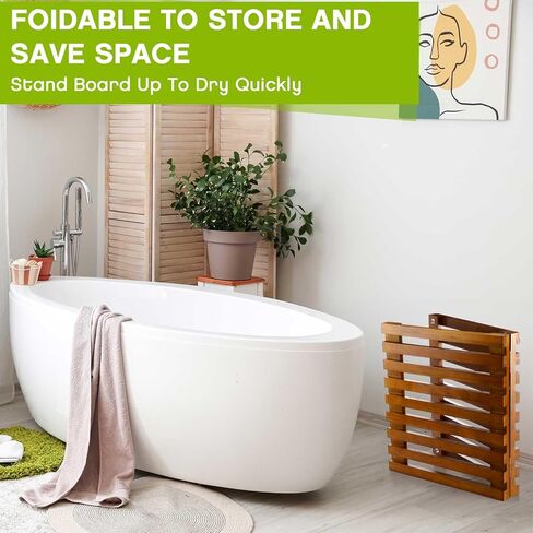 Geelin Wood Bath Mat 32" x 18" Foldable Shower Mat Bathroom Non Slip Waterproof Wooden Shower Rug Bathroom Carpet for Spa Home Bathtub Floor Indoor Outdoor Doorway Patio Sauna Yard Pool, Natural in Saudi Arabia