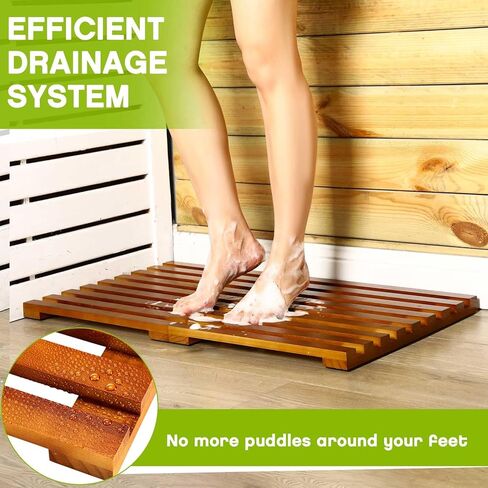 Geelin Wood Bath Mat 32" x 18" Foldable Shower Mat Bathroom Non Slip Waterproof Wooden Shower Rug Bathroom Carpet for Spa Home Bathtub Floor Indoor Outdoor Doorway Patio Sauna Yard Pool, Natural in Saudi Arabia