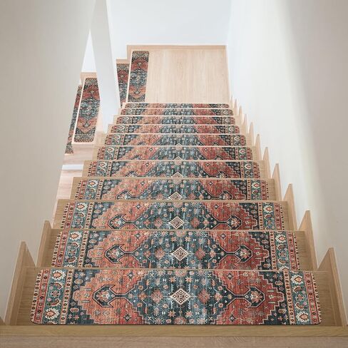 HOMBYS Non-Slip Carpet Stair Treads for Wooden Steps Set of 15, 30"X8" Indoor Stair Runner Extra Slip Resistant Stair Rugs Rubber Safety Mats, Stairway Grip Step Treads RED&Blue in Saudi Arabia