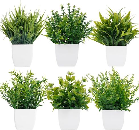 MISRTANY 6 Pack Small Fake Plants Artificial Potted Plants Faux Greenery Plants with Pot for Home Office Table Shelf Bathroom Farmhouse Indoor Decor - Black Pot in Kuwait