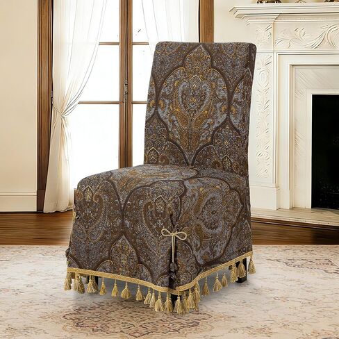 Loom and Mill 1 Piece Luxury Dining Chair Cover, Antique Damask Jacquard Dining Room Parsons Chair Covers with Tassels & Ties, Non Slip Full Cover Protector for Banquet Party(Light Gray+Bronze Gold) in Saudi Arabia