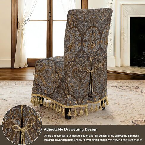 Loom and Mill 1 Piece Luxury Dining Chair Cover, Antique Damask Jacquard Dining Room Parsons Chair Covers with Tassels & Ties, Non Slip Full Cover Protector for Banquet Party(Light Gray+Bronze Gold) in Saudi Arabia