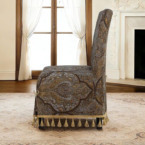 Loom and Mill 1 Piece Luxury Dining Chair Cover, Antique Damask Jacquard Dining Room Parsons Chair Covers with Tassels & Ties, Non Slip Full Cover Protector for Banquet Party(Light Gray+Bronze Gold) in Saudi Arabia