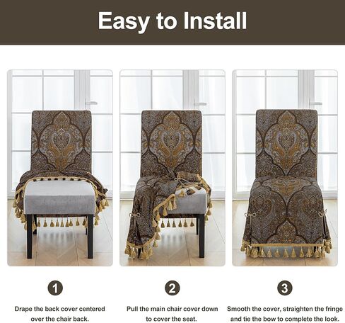Loom and Mill 1 Piece Luxury Dining Chair Cover, Antique Damask Jacquard Dining Room Parsons Chair Covers with Tassels & Ties, Non Slip Full Cover Protector for Banquet Party(Light Gray+Bronze Gold) in Saudi Arabia