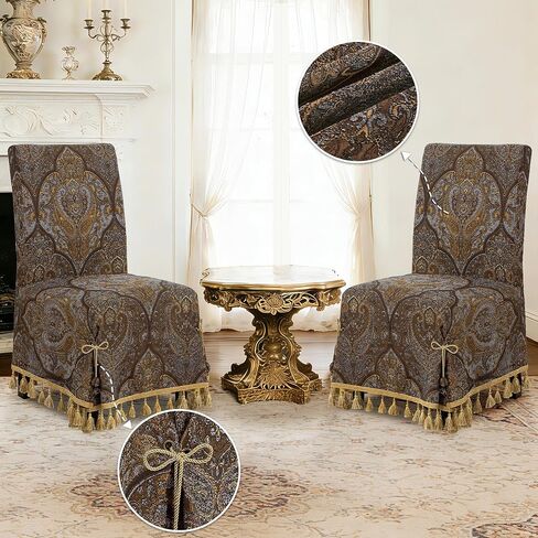 Loom and Mill 1 Piece Luxury Dining Chair Cover, Antique Damask Jacquard Dining Room Parsons Chair Covers with Tassels & Ties, Non Slip Full Cover Protector for Banquet Party(Light Gray+Bronze Gold) in Saudi Arabia