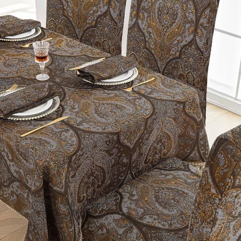 Loom and Mill 1 Piece Luxury Dining Chair Cover, Antique Damask Jacquard Dining Room Parsons Chair Covers with Tassels & Ties, Non Slip Full Cover Protector for Banquet Party(Light Gray+Bronze Gold) in Saudi Arabia