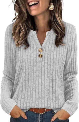 SAMPEEL Womens Sweaters Lightweight Long Sleeve Shirts V Neck Tops with Button Fall Outfits 2025 in Saudi Arabia