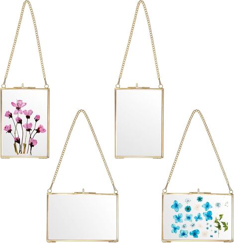 JUXYES 4 Pack Wall Hanging Brass Pictures Frame for Pressed Flowers, Golden Glass Hanging Picture Artwork Display Frame, Double Glass Floating Frame Style for Photo Picture Poster etc, 4X6 Inches in Saudi Arabia