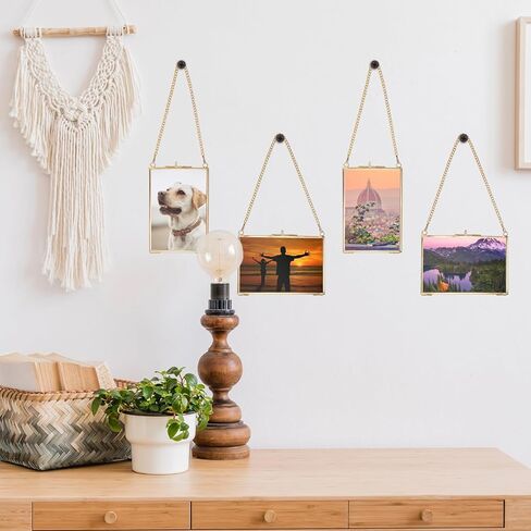 JUXYES 4 Pack Wall Hanging Brass Pictures Frame for Pressed Flowers, Golden Glass Hanging Picture Artwork Display Frame, Double Glass Floating Frame Style for Photo Picture Poster etc, 4X6 Inches in Saudi Arabia