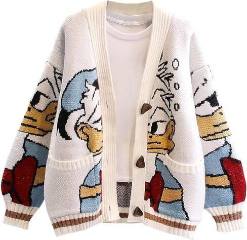 Lazutom Womens Fall Fall لطيف التطريز كرتون بطة كابل متماسكة سترة سترة سترة أسفل معطف الصوف المزيج in Kuwait