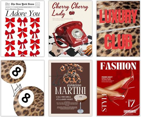 Aroutde 6Pcs Red Cheetah Print Room Decor Trendy Leopard Wall Art Print Magazine Cover Lucky 8 Ball Posters Coquette Y2k Red Wall Decor for Bedroom Apartment Bar（8x10Inch, Unframed） in Saudi Arabia