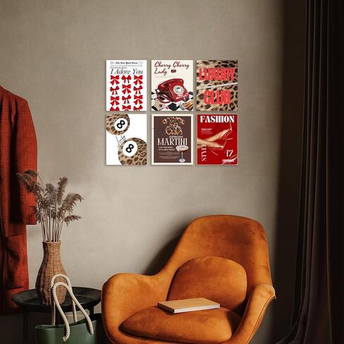 Aroutde 6Pcs Red Cheetah Print Room Decor Trendy Leopard Wall Art Print Magazine Cover Lucky 8 Ball Posters Coquette Y2k Red Wall Decor for Bedroom Apartment Bar（8x10Inch, Unframed） in Saudi Arabia