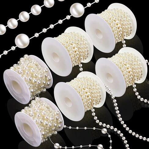 Bonuci 6 Rolls 132 Feet Pearls String Garland Faux Pearl Beads Roll Strand for Crafts, Artificial Pearls Chain Trim Pearls Garland for Wedding Party Flower Valentine Christmas Decoration, 4mm 8+3mm in Kuwait