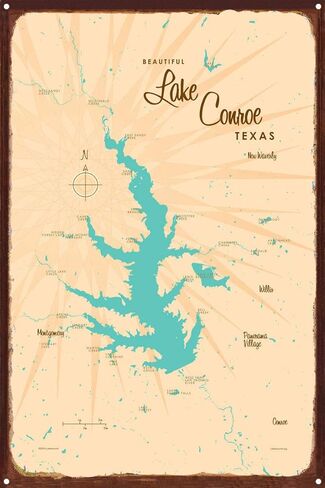 Lake Conroe Retro Steel Metal, with Oxidized Border, Wall Art Map Poster 12" x 18". Distinctive Wall Decoration for Home, Cabin, or Office in Saudi Arabia