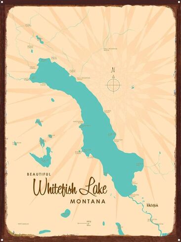 Whitefish Lake Montana Retro Steel Metal, with Oxidized Border, Wall Art Map Poster 18" x 24". Distinctive Wall Decoration for Home, Cabin, or Office in Saudi Arabia
