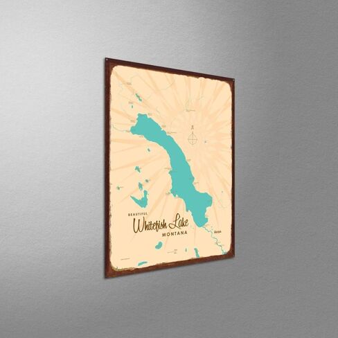 Whitefish Lake Montana Retro Steel Metal, with Oxidized Border, Wall Art Map Poster 18" x 24". Distinctive Wall Decoration for Home, Cabin, or Office in Saudi Arabia