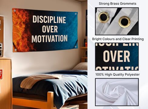 3x5 Feet Cool Mens Flag with Quote "Discipline Over Motivation'' with Four Brass Grommets - Single Sided Fantastic Flags for Room Guys - Polyester Tapestries for Home Gym Wall Decor for Athletes in Saudi Arabia