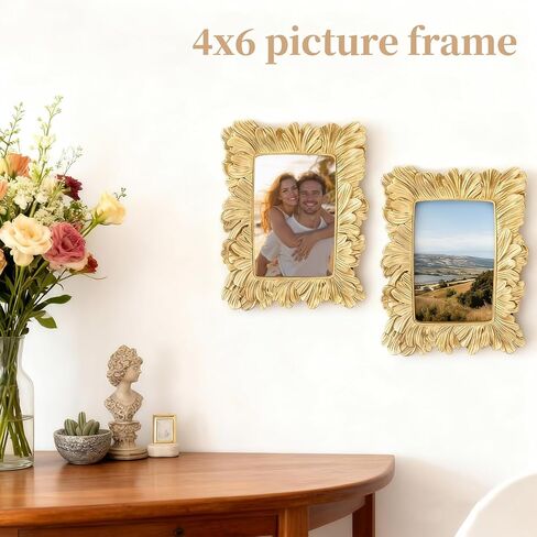 إطارات صور ذهبية من ERESGREAT مقاس 4 × 6 إطارات عتيقة من أوراق النخيل الذهبية إطار صور من الراتنج لعرض الحائط والطاولة لتزيين المنزل وعيد الميلاد وإطار صورة عتيق وإطارات صور نباتية (أوراق النخيل الذهبية مقاس 4 × 6) in Kuwait