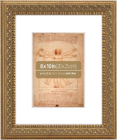 إطار صورة كلاسيكي عتيق مزخرف ذهبي عتيق مقاس 11 × 14 من Eitida، مع عرض حصيرة صورة 8 × 10، طلاء، رسم، حماية زجاجية حقيقية، جدار أفقي أو عمودي أو عرض الطاولة in Kuwait