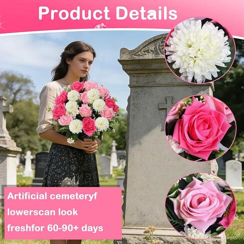 Lodou Set of 2 Artificial Bouquet Grave Memorial Flowers with Vase, Realistic Vibrant Roses,Cemetery Memorial Flowers for Outdoor Tombstone Decorations (Pink) in Saudi Arabia