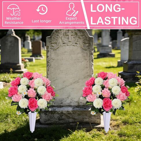 Lodou Set of 2 Artificial Bouquet Grave Memorial Flowers with Vase, Realistic Vibrant Roses,Cemetery Memorial Flowers for Outdoor Tombstone Decorations (Pink) in Saudi Arabia