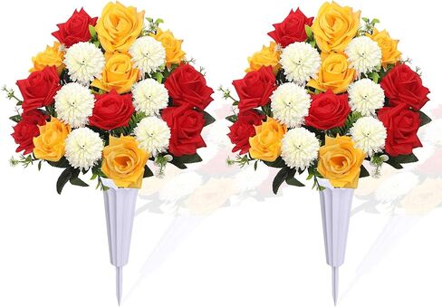 Lodou Set of 2 Artificial Bouquet Grave Memorial Flowers with Vase, Realistic Vibrant Roses,Cemetery Memorial Flowers for Outdoor Tombstone Decorations (Pink) in Saudi Arabia
