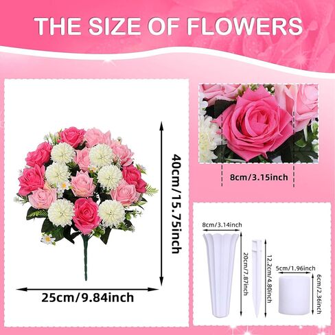 Lodou Set of 2 Artificial Bouquet Grave Memorial Flowers with Vase, Realistic Vibrant Roses,Cemetery Memorial Flowers for Outdoor Tombstone Decorations (Pink) in Saudi Arabia