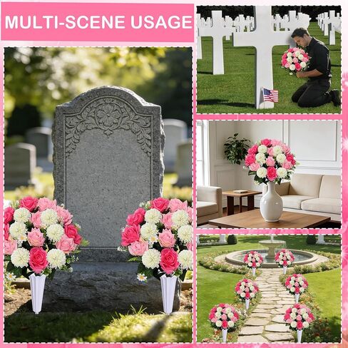 Lodou Set of 2 Artificial Bouquet Grave Memorial Flowers with Vase, Realistic Vibrant Roses,Cemetery Memorial Flowers for Outdoor Tombstone Decorations (Pink) in Saudi Arabia