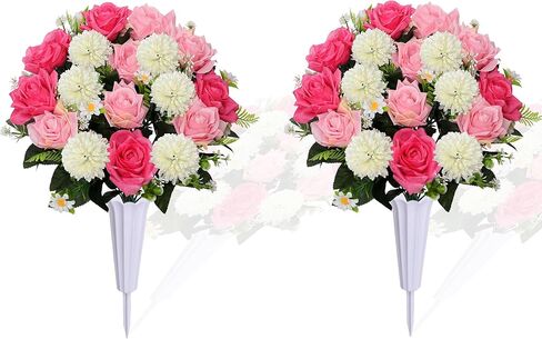 Lodou Set of 2 Artificial Bouquet Grave Memorial Flowers with Vase, Realistic Vibrant Roses,Cemetery Memorial Flowers for Outdoor Tombstone Decorations (Pink) in Saudi Arabia