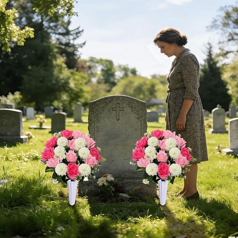 Lodou Set of 2 Artificial Bouquet Grave Memorial Flowers with Vase, Realistic Vibrant Roses,Cemetery Memorial Flowers for Outdoor Tombstone Decorations (Pink) in Saudi Arabia