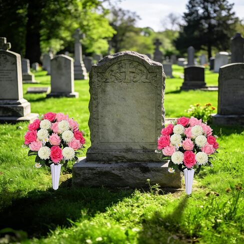 Lodou Set of 2 Artificial Bouquet Grave Memorial Flowers with Vase, Realistic Vibrant Roses,Cemetery Memorial Flowers for Outdoor Tombstone Decorations (Pink) in Saudi Arabia